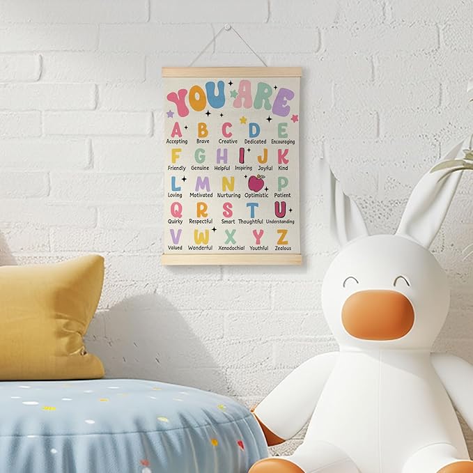 Nrleey inspirational Alphabet Wall Decor - ABC Educational Wall Art With Wooden Poster Hanger, Alphabet Wall Art Decor for Classroom Nursery Kids Room Playroom, 12x16 Inch