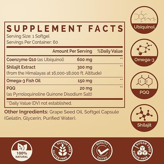 Ubiquinol CoQ10 600 MG Softgels with Omega-3 & Shilajit & PQQ, Advanced Dual-Delivery Coenzyme-Q10, Active CoQ10 Ubiquinol Supplement for Fertility, Antioxidant, Heart, Brain & Energy, 120 Servings
