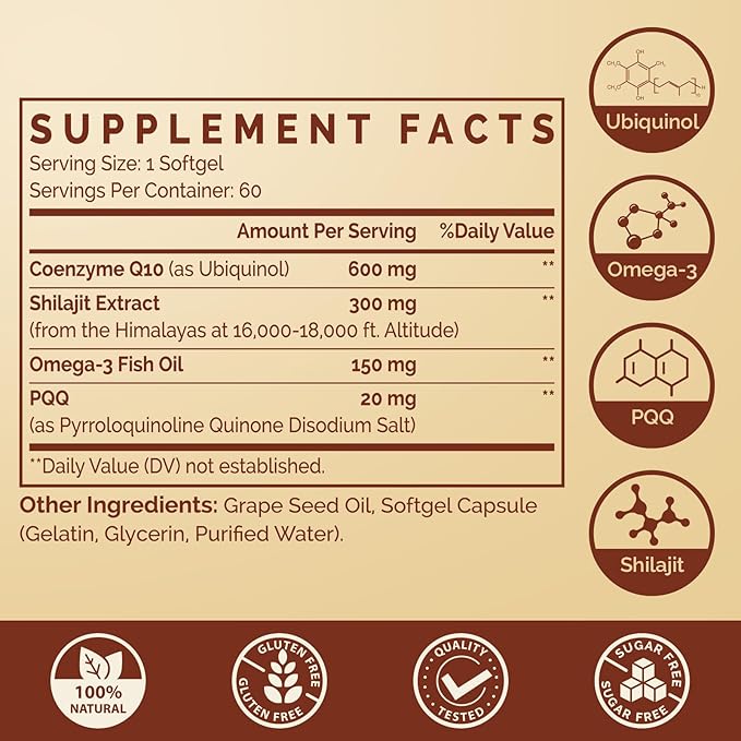 Ubiquinol CoQ10 600 MG Softgels with Omega-3 & Shilajit & PQQ, Advanced Dual-Delivery Coenzyme-Q10, Active CoQ10 Ubiquinol Supplement for Fertility, Antioxidant, Heart, Brain & Energy, 240 Servings