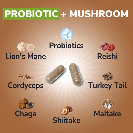 Probiotics+Mushroom, with Lion's Mane, Reishi, Cordyceps, 10 Probiotic Strains, 10000mg Mushroom Strength, for Digestive, Immune, Brain Health & Energy Production, 60 Vegan Capsules