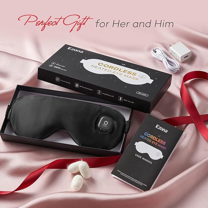 Ezona Silk Cordless Heated Eye Mask, Warm Eye Compress Mask for Dry Eyes, Washable Eye Heating Pad for Travel, Dry Eyes, Blepharitis, Sinus Migraine (Black)