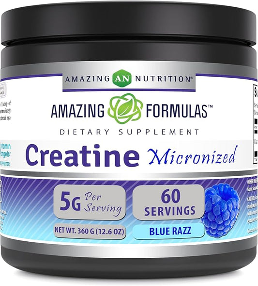 Amazing Formulas Micronized Creatine Monohydrate Powder Supplement | 5000 mg Per Serving | Ideal Pre & Post Workout Supplement | Made in USA (12.6 Oz | Blue Rasbperry, Blue Raspberry)
