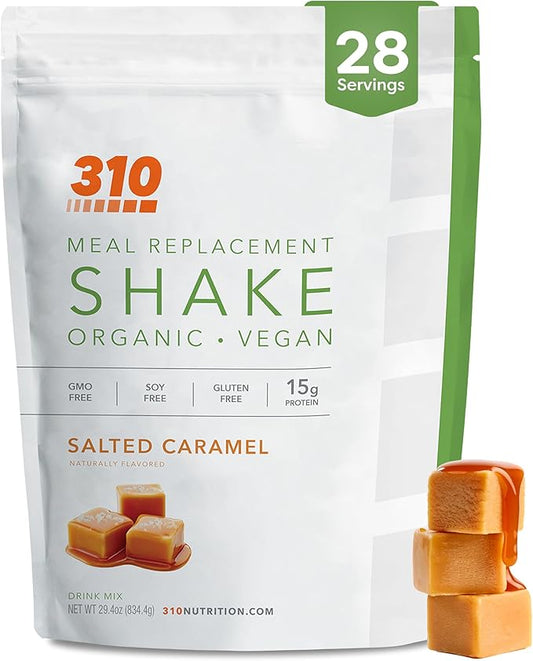 310 Nutrition Organic All-In-One Meal Replacement Shake Powder - Plant-Based Protein Smoothie Blend w/Fiber, Probiotics & Adaptogens - Low Carb, Vegan, Keto & Paleo - Salted Caramel - 28 Servings