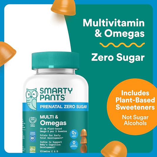 SmartyPants Zero Sugar Prenatal Multivitamin Gummies: Choline, Methylfolate, Omega 3 (ALA), Vitamin D3, C, Vitamin B12, B6, A, K, Zinc, Biotin, Gluten Free, No Sugar Alcohols, 90 Count (30 Day Supply)