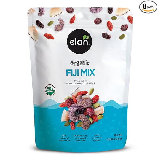 Elan Organic Fiji Mix, Non-GMO, Gluten-Free, Vegan, Kosher, Dried Fruits (Dried Goji Berries, Dried Cranberries), Superfood Infused Nuts (Blueberry Acai Cashews), Pumpkin Seeds, 8 pack of 4.8 oz