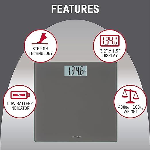 Taylor Digital Scales for Body Weight, Highly Accurate 400 LB Capacity, Auto On and Off Scale, 11.8 x 11.8 Inches, Charcoal Grey