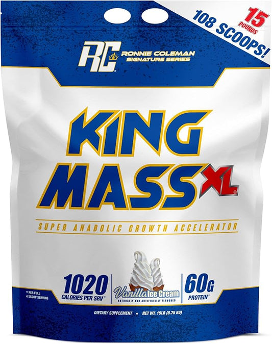 Ronnie Coleman Signature Series King Mass XL Mass Gainer Protein Powder, Muscle Gainer, 60g Protein, 180g Carbohydrates, 1,000+ Calories, Creatine and Glutamine, Vanilla Ice Cream, 15 Pound