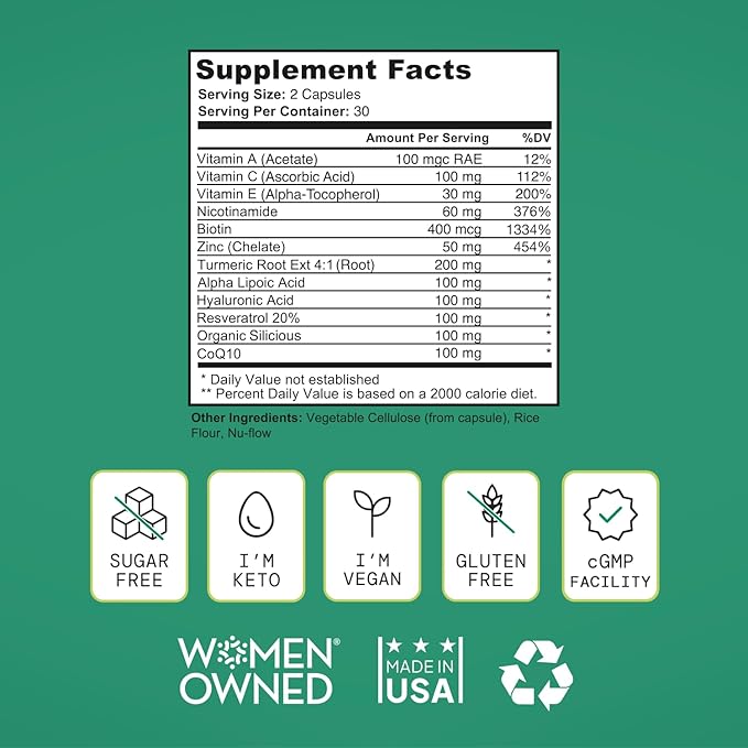 Healthy Aging Supplement for Women - Resveratrol, NAD, Collagen Booster, Biotin, Hyaluronic Acid & More. Cellular Health, Beauty, Longevity - USA, Vegan, 60 Capsules.