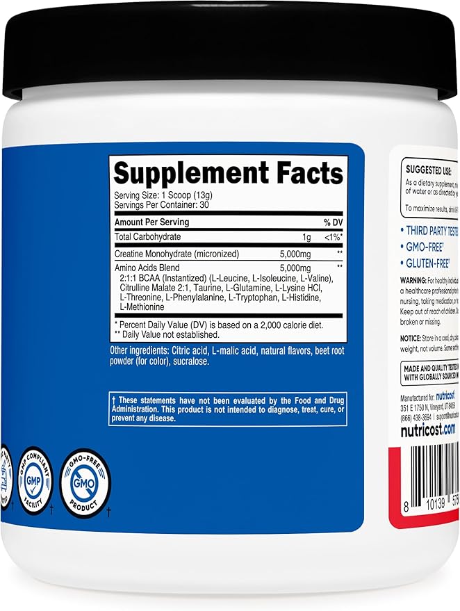 Nutricost Creatine + Aminos 30 Servings (Fruit Punch Flavored) - 5,000mg Creatine Monohydrate + 5000mg Amino BCAA Blend Per Serving