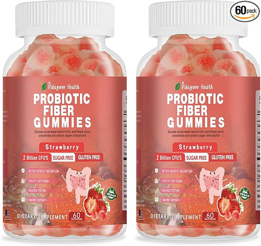 Probiotic Fiber Gummies for Adults, No Sugar Added Strawberry Flavor– 2 Billion CFUs –Vitamin C,Vitamin D–Digestive Health & Regularity Support(120 Count)