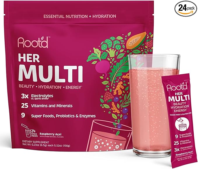 Root'd Multivitamin Powder with 3X Electrolytes for Women - 25 Vitamins & Minerals, 3X Electrolytes, 9 Organic Superfoods, Probiotics & Enzymes, Sugar-Free Multivitamin & Hydration | 24 Packets