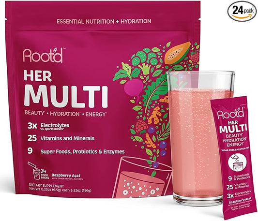 Root'd Multivitamin Powder with 3X Electrolytes for Women - 25 Vitamins & Minerals, 3X Electrolytes, 9 Organic Superfoods, Probiotics & Enzymes, Sugar-Free Multivitamin & Hydration | 24 Packets