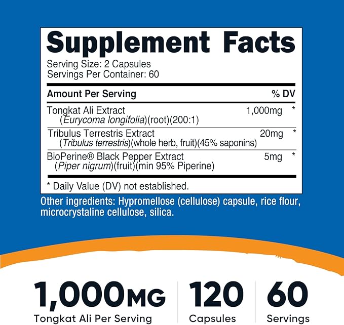 Nutricost Tongkat Ali 1,000mg 120 Capsules - with Tribulus Terrestris and BioPerine, Vegetarian Caps, Non-GMO, Gluten Free, Potent Extract