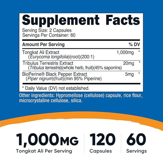 Nutricost Tongkat Ali 1,000mg 120 Capsules - with Tribulus Terrestris and BioPerine, Vegetarian Caps, Non-GMO, Gluten Free, Potent Extract