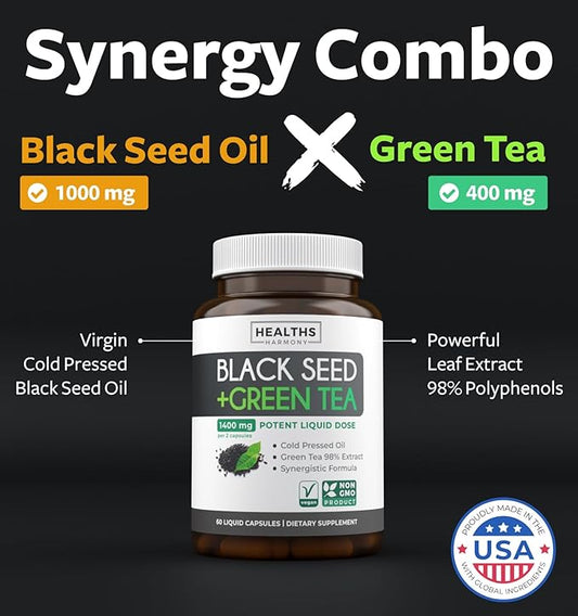 Cold-Pressed Black Seed Oil Capsules - Vegan Non-GMO Nigella Sativa Black Seed Oil Supplement with EGCG Green Tea Extract for Wellness & Energy Support - Polyphenol & Thymoquinone-Rich (1 Month)