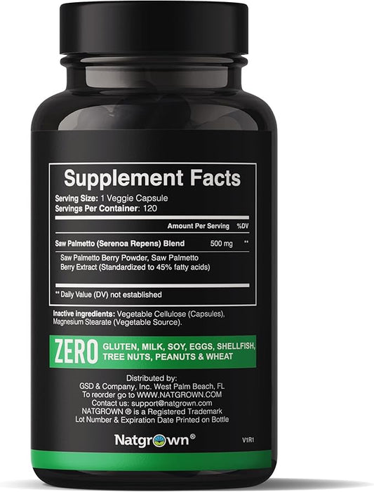 Natgrown Saw Palmetto for Men 500mg – Prostate Health Supplement with DHT Blocker for Hair Loss & Urinary Flow – 120 Vegan Capsules – Non-GMO, Gluten-Free