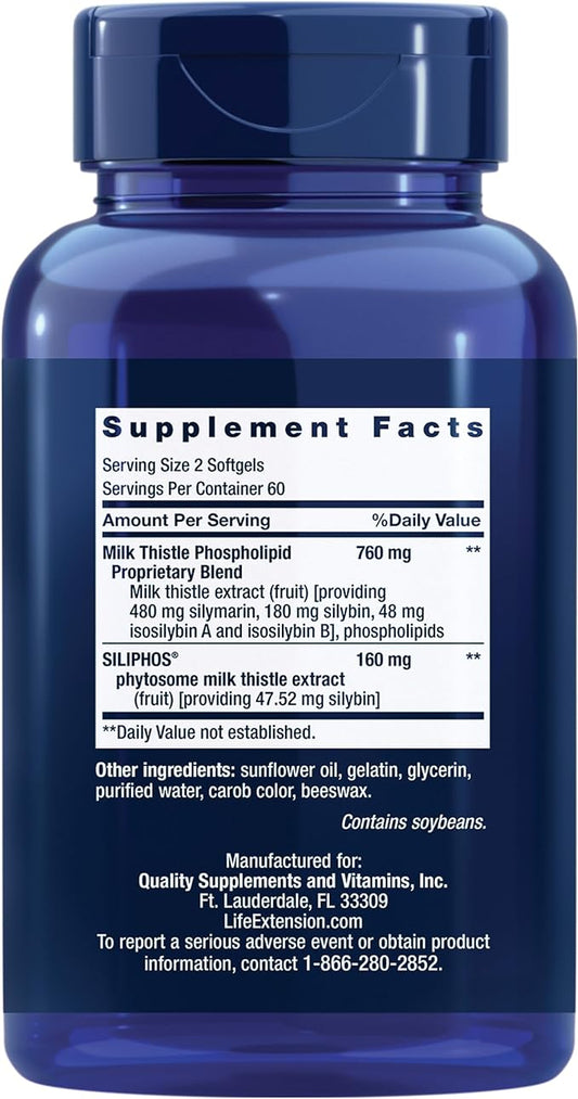 Life Extension Advanced Milk Thistle, Liver Health Supplement, Liver Detox, Cell Division, silymarin, silybin, bioavailable, Gluten Free, Non-GMO, 120 softgels
