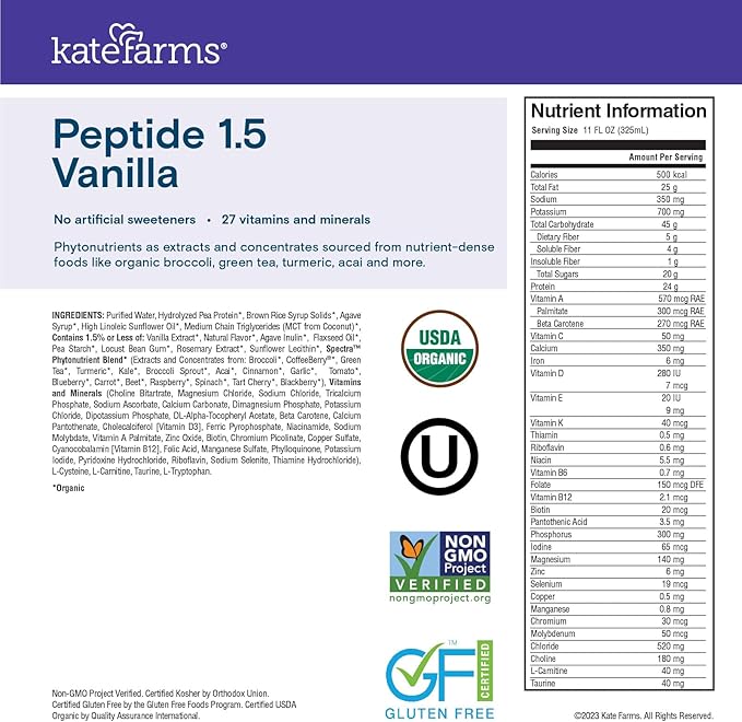 KATE FARMS Organic Adult Peptide 1.5 Formula, Vanilla, Sole-Source, Hydrolyzed Plant-Based Nutrition for Oral or Tube Feeding, 11 Fl oz (12 Pack)