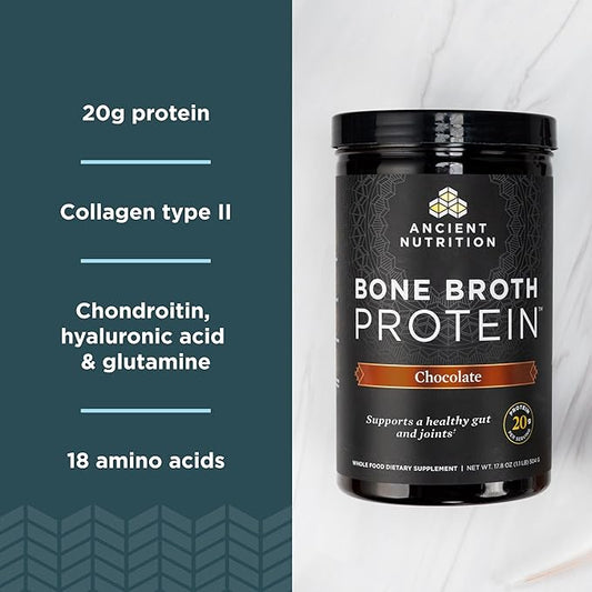 Ancient Nutrition Protein Powder Made from Real Bone Broth, Chocolate, 20g Protein Per Serving, 20 Serving Tub, Gluten Free Hydrolyzed Collagen Peptides Supplement, Great in Protein Shakes
