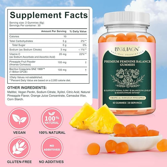 Premium Feminine Balance Gummies, Pineapple Gummies for Women ph, Supports Vaginal Flora, Balances Ph Levels, Boosts Immune Defense, Vegan, Gluten-Free - Hawaiian Pineapple - 60 Count