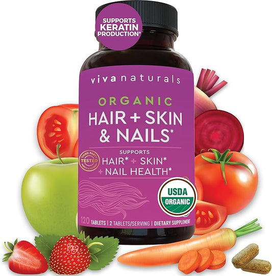 Hair Skin Nails Vitamins for Women - Vegetarian-Friendly Organic Vitamins for Hair Skin and Nail Health Support with Vitamin E & Biotin 5000 mcg to Help Produce Keratin - 120 Tablets