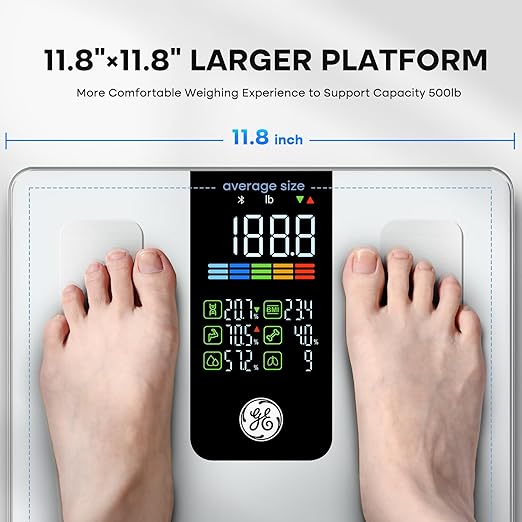 GE Scale for Body Weight Smart, Digital Bathroom Body Fat Scales for BMI Muscle Bluetooth Body Composition Monitor 11.8" Large Platform Accurate Weighing Machine Health Analyzer with App 500lbs, White