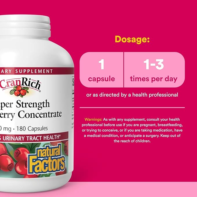 Natural Factors CranRich, Super Strength 36:1 Cranberry Concentrate, 500 mg, Sugar-Free Whole Fruit Cranberry Pills for Urinary Tract Health, 180 Capsules