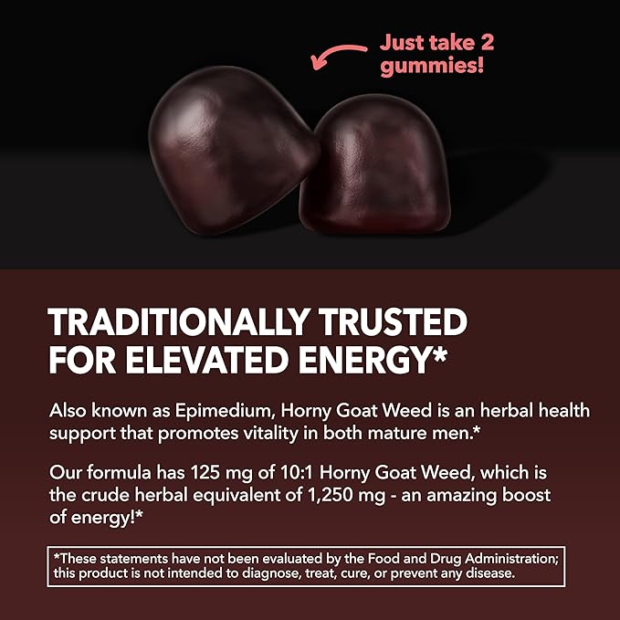 Horny Goat Weed Gummies with Vitamin B12 - Energy, Endurance & Performance Support for Male Health - 60 Count - Vegetarian-Friendly, Non-GMO, Pectin-Based - Raspberry Flavor, 1 Month Supply