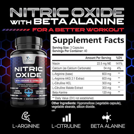 Nitric Oxide Booster Extra Strength 3000mg - L Arginine 3X Strength Nitric Oxide Supplements for Men and Women, Citrulline, Supports Muscle, Heart Health & Energy Supplement, Non-GMO - 120 Capsules