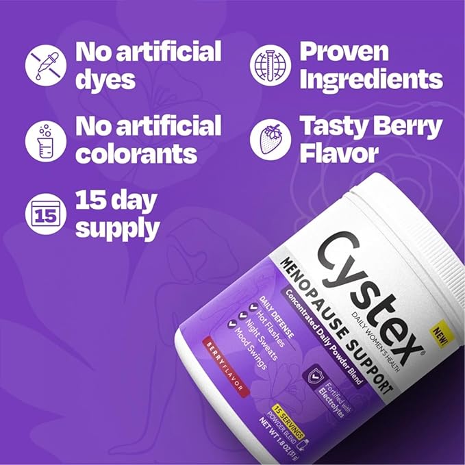 Cystex Menopause Support Powder – Daily Relief for Hot Flashes, Night Sweats & Mood Swings – Clinically Studied Ingredients – Electrolyte-Enhanced, Berry Flavor, (15 Servings)