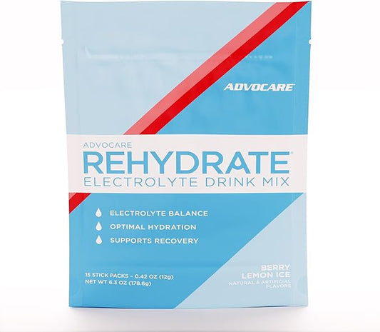 AdvoCare Rehydrate Electrolyte Drink Mix - Hydration & Recovery Drink with Sodium, Potassium & More - Berry Lemon Ice - 15 Hydration Packets
