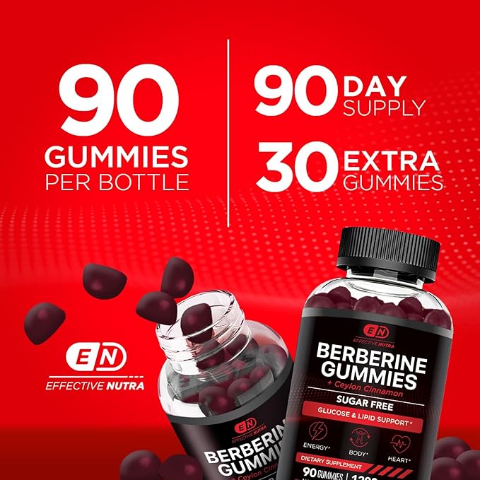 Berberine Gummies with Ceylon Cinnamon | Sugar-Free Supplement 1200mg for Blood Sugar Support, Heart Health, Energy | 45-Day Supply, Natural Berry Flavor, Made in USA (90 Count)