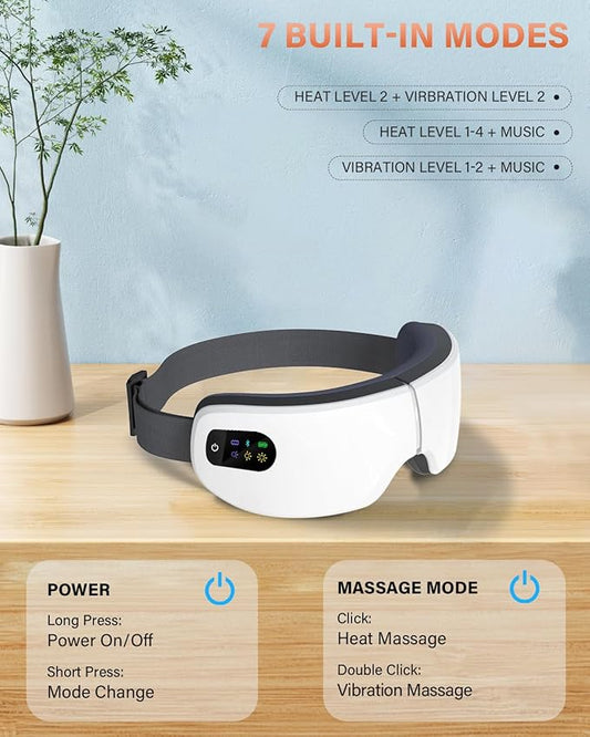 Eye Massager with Heat, 7 Massage Modes, Eye Mask, Birthday Gifts for Women, Men, Friend, Mom and Dad, Sleep Mask for Relax, Migraine Relief, Reduce Strain, Improve Sleep, White