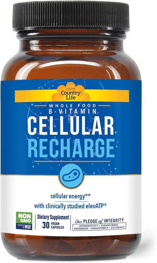 Country Life Cellular Recharge B-Vitamin, Whole Food Methylated B-Complex + elevATP for Cellular Energy, Detox & Cardio Support, 30 Vegan Capsules, Certified Gluten-Free, Vegan, Kosher