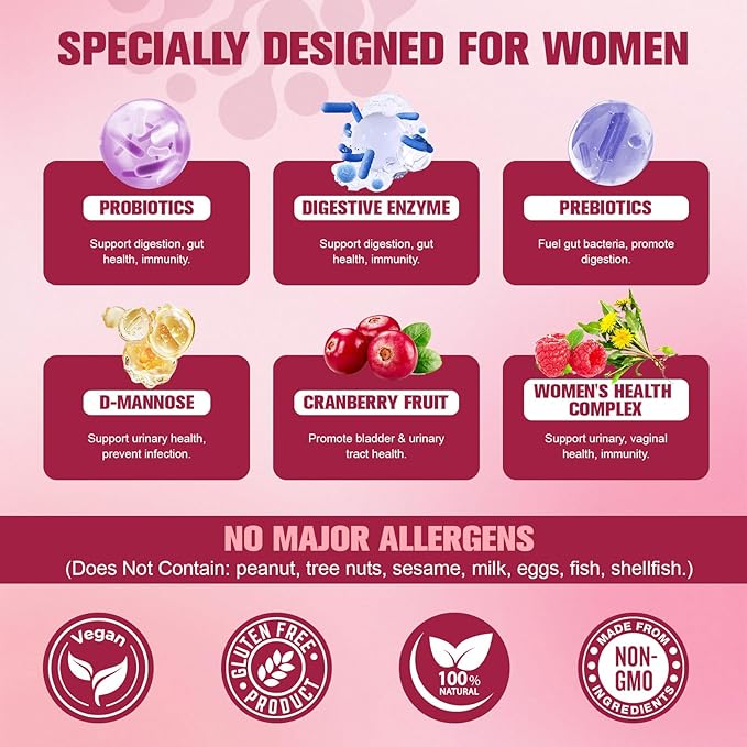 (2 Packs) Probiotics for Women, 120 Billion Women Probiotic, Digestive Enzymes & Prebiotics, with Akkermansia, Cranberry, D-Mannose, for Gut, Urinary, Immune, PH Balance, 240 Vegan Capules