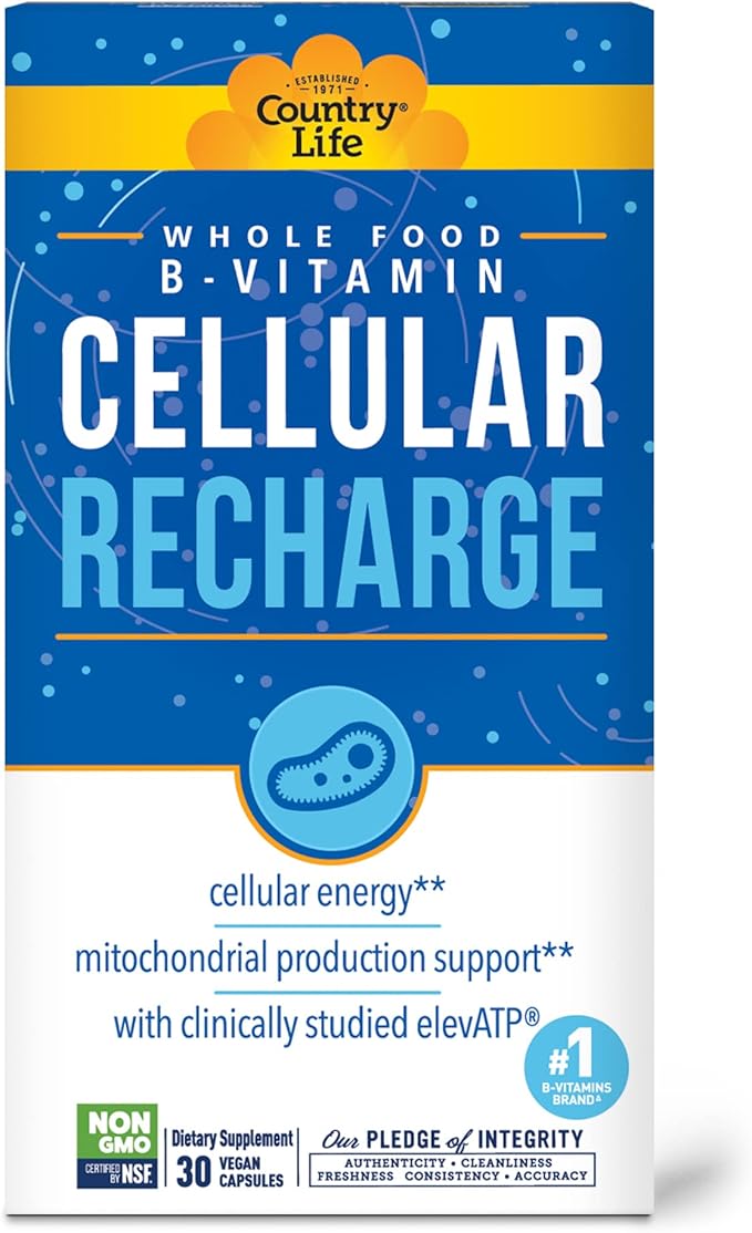 Country Life Cellular Recharge B-Vitamin, Whole Food Methylated B-Complex + elevATP for Cellular Energy, Detox & Cardio Support, 30 Vegan Capsules, Certified Gluten-Free, Vegan, Kosher