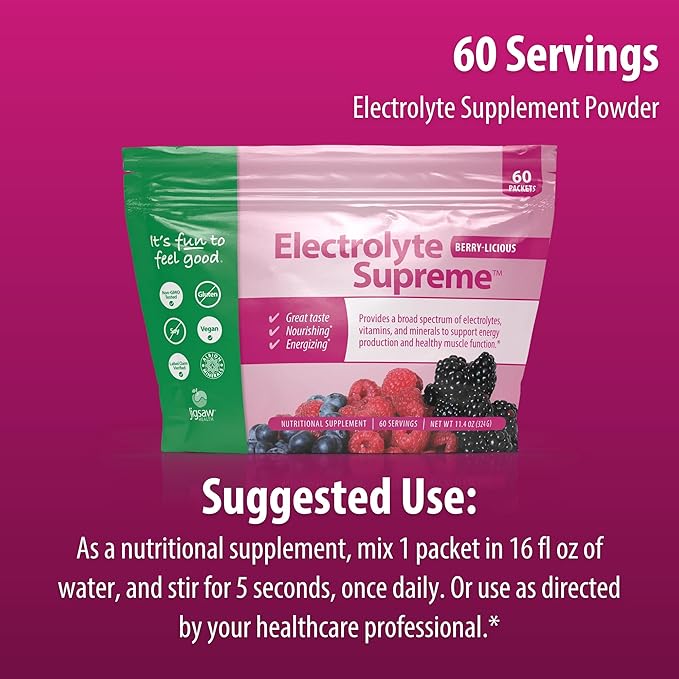 Jigsaw Health Electrolyte Supreme | Broad Spectrum of Electrolytes + Trace Minerals | Berry-Licious Flavor | 60 Servings (Packets)