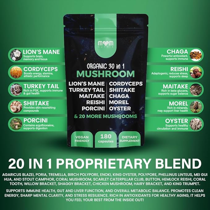 30 in 1 Ultimate Mushroom Supplement - 180 Mushroom Capsules, Organic - Lion’s Mane, Cordyceps, Chaga, Reishi, Turkey Tail, Mitake, Shiitake & More - Brain & Immune Support