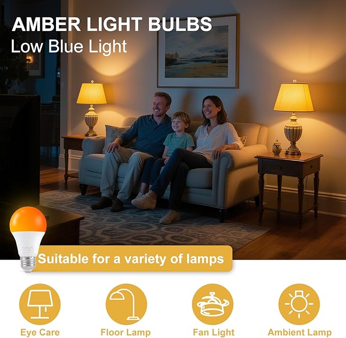 KINUR LED Amber Light Bulbs, A19 9W(60W Equivalent) 1800K E26 A19 Amber Soft Light Bulbs Warm Light for Bedroom, Healthy Sleep, Baby Nursery Light, Turtle Friendly Light 4 Pack