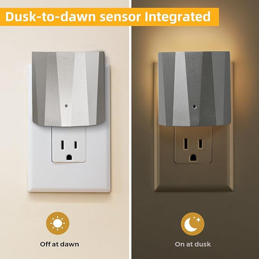 Dawnrise Plug in Night Lights for Wall, Dawn to Dusk Night Light with 3000 K/5 Lm, Backlit Nightlights for Bedroom, Kids Room, Hallway, Living Room, Kitchen, Stairway, Entrance (Silver, 3 Pack)