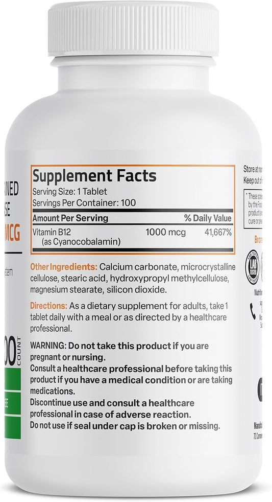 Bronson Vitamin B12 1000 mcg Sustained Release Premium Non GMO Tablets Supports Nervous System, Healthy Brain Function and Energy Production, 100 Count