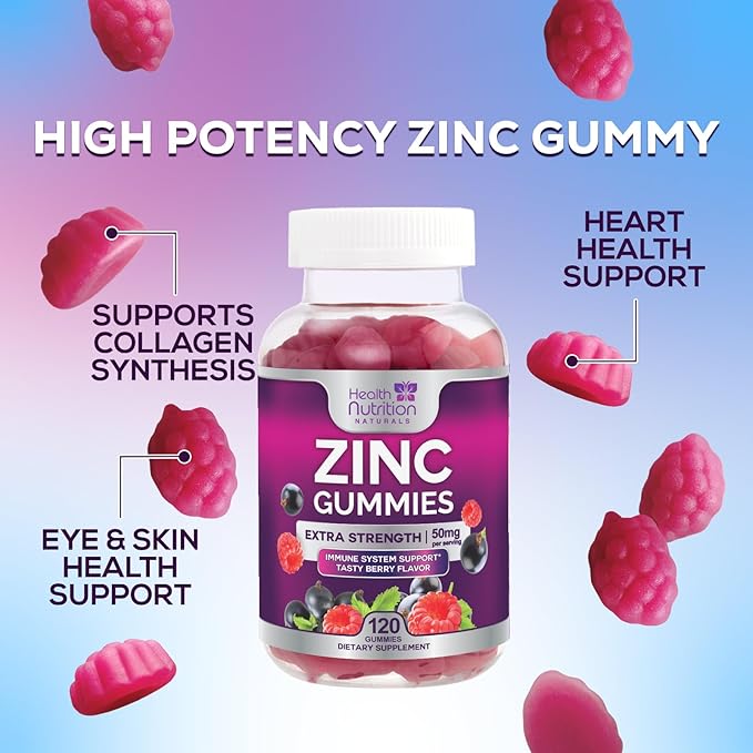 Zinc Supplement 50mg Gummies for Adults - Max Strength Skin Health & Immune Support Gummy, Vegan, Non-GMO & Gluten Free, Nature’s Antioxidant & Bone Health Chewable Tasty Berry Flavor - 120 Gummies
