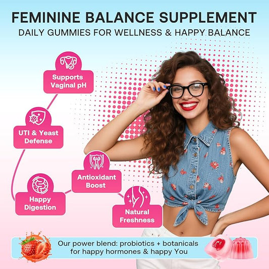 Feminine Balance Gummies for Women, Premium Ph Balance Gummies with Probiotic for Vaginal Flora Balance, Immune Support Supplement, Gluten-Free, Strawberry Flavor with Liquid Filled, 60 Count