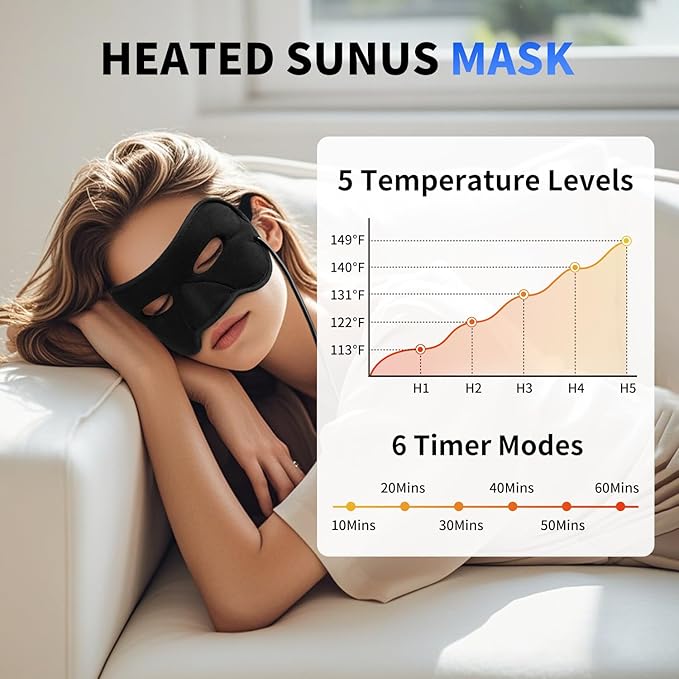 Aroma Season Heated Sinus Mask, Sinus Pressure Relief Mask with 5 Heat & 6 Timer Settings, Face Heating Pad for Nasal Congestion, Sinusitis, Hormone Migraine, Tension Headache Relief
