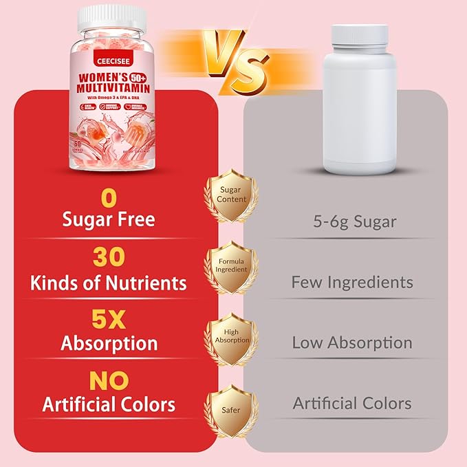 Vitamin Gummies for 50+ Women: Organic Vegan Multivitamin with Iron Omega3 B12 D3 Biotin Zinc Ashwagandha for Hair Skin Health Energy Immune Support - Sugar Free Chewable Supplement(120Count)