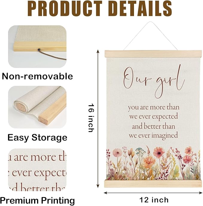 Nrleey Girl Nursery Wall Decor with Wooden Poster Hanger - Baby Girls Room Decor, Our Girl Inspirational Wall Art Posters for Toddler Little Girls Room Bedroom Playroom,12x16 Inch