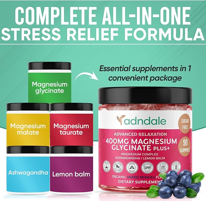 Adndale 180 CT Magnesium Glycinate Gummies 400 mg/Serv, with Ashwagandha, Magnesium Malate & Taurate, Sugar Free Chews for Adults & Kids Relaxation, Stress Relief, Night Rest, Muscle & Cardio Support