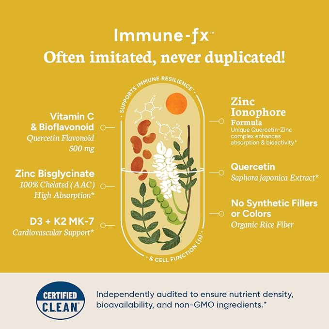 Immune-fx™ Advanced Chelated Zinc Ionophore Immune Support & Allergy Health Supplement, Quercetin 500mg, Antioxidant Vitamin C, D3, K2 MK7, Promotes DNA, Heart, Lung, Sinus Health, 60 Vegan Capsules