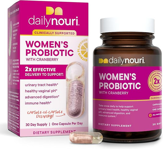 Daily Nouri Women’s Probiotic | Supports Vaginal pH, Urinary Tract, Digestive & Immune Health | 5 Clinically Studied Strains + Cranberry & Vegan Omega Oil | 30-Day Supply