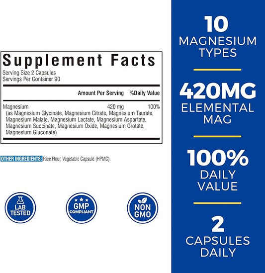 10 in 1 Magnesium Complex, 420mg Elemental Magnesium | Ultra Strength, Max Absorption | Chelated Magnesium Supplement for Sleep, Nerves & Heart Health | Non-GMO, 180 Vegan Capsules